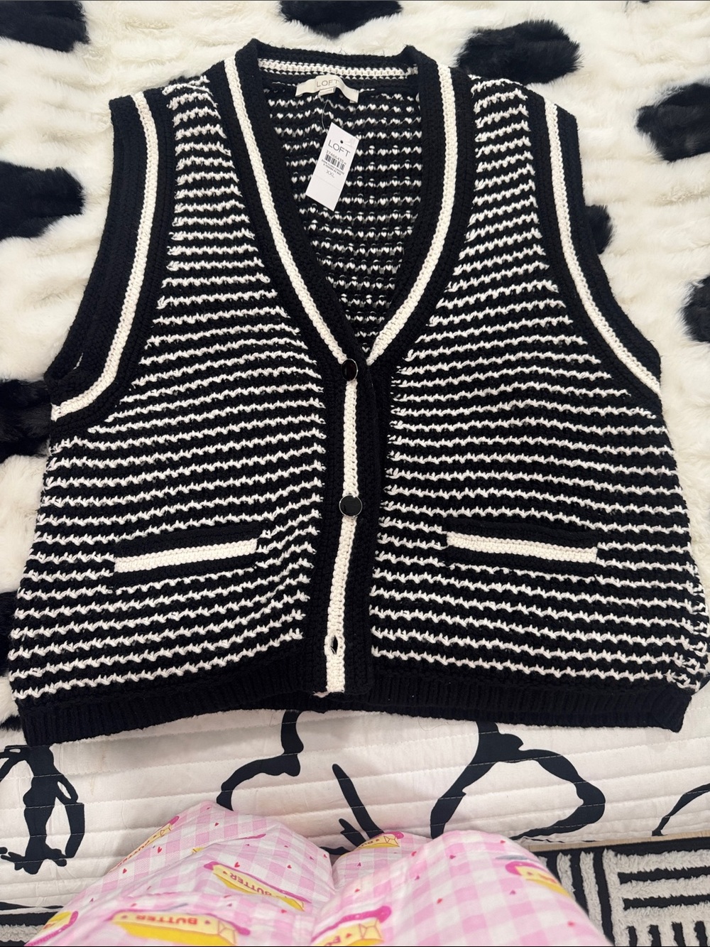 LOFT Black and White Striped Knit Sleeveless Cardigan Vest
